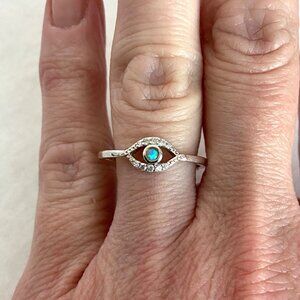 Sterling Silver 925 Minimalist Dainty Opal Evil Eye Band Ring Size 6.75
